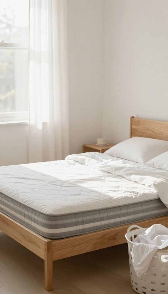 Stripped bed with laundry basket in bright, clean bedroom