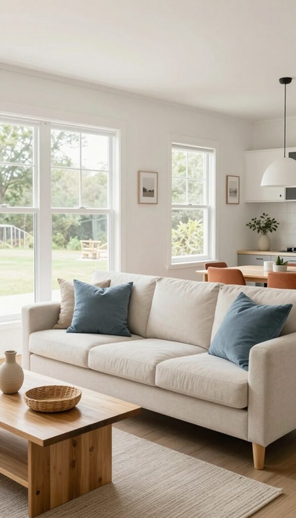 Cozy single wide living room with cohesive color palette of warm white, dusty blue, and terra-cotta, featuring a light beige sofa and natural light.