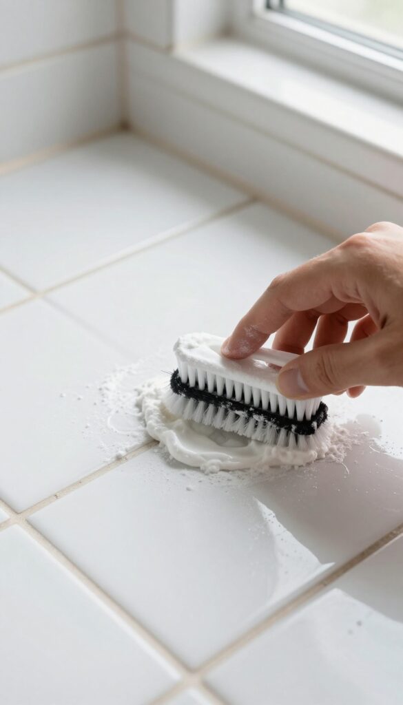 Close-up of scrubbing dirty grout lines with a toothbrush and baking soda paste in a bright bathroom