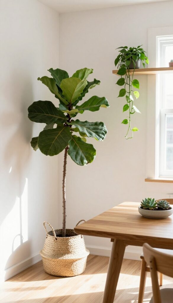 Small living-dining room with greenery: tall fiddle-leaf fig in corner, trailing pothos on shelf, succulents on table