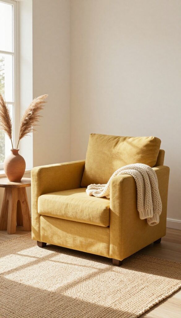 A modern boho living room with an ochre yellow armchair, natural linen sofa, jute rug, and dried pampas grass in natural light.