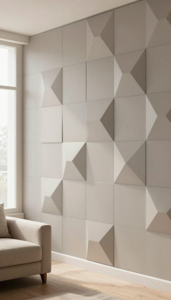Geometric MDF panels in diamond and hexagon shapes on a living room wall, painted warm gray, with soft shadows and natural light, minimal room setting