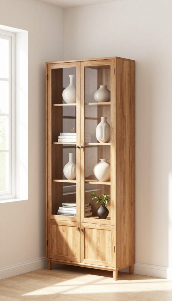 Tall cabinet with glass doors displaying curated decor in a small living room