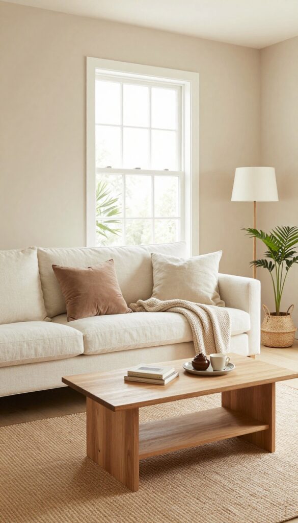 Light and airy small living room with a 3+2 seater sofa in warm white and beige, layered textured pillows, jute rug, and natural light from a window.
