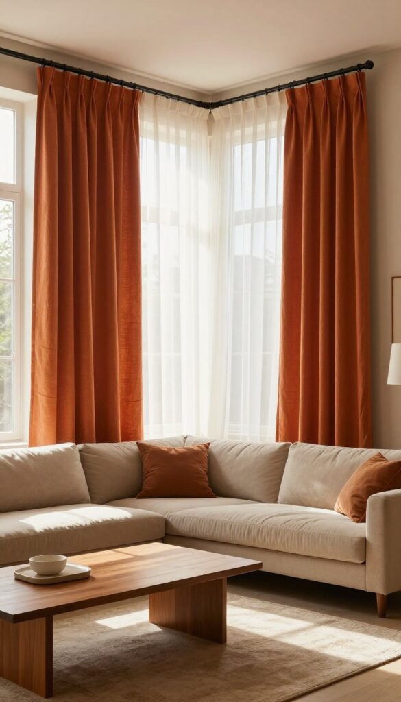 Living room with burnt orange floor-length curtains framing a window, beige sofa, and warm brown walls.
