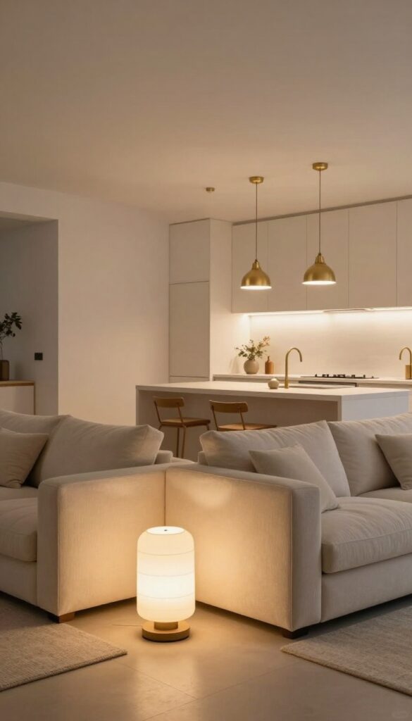 Layered lighting in a small open-concept living room and kitchen with warm glow from pendant, floor lamp, and table lamp.
