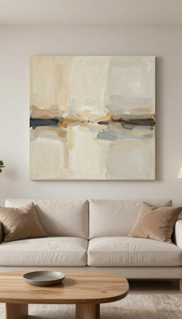Neutral living room with large abstract art in muted earth tones above a beige sofa