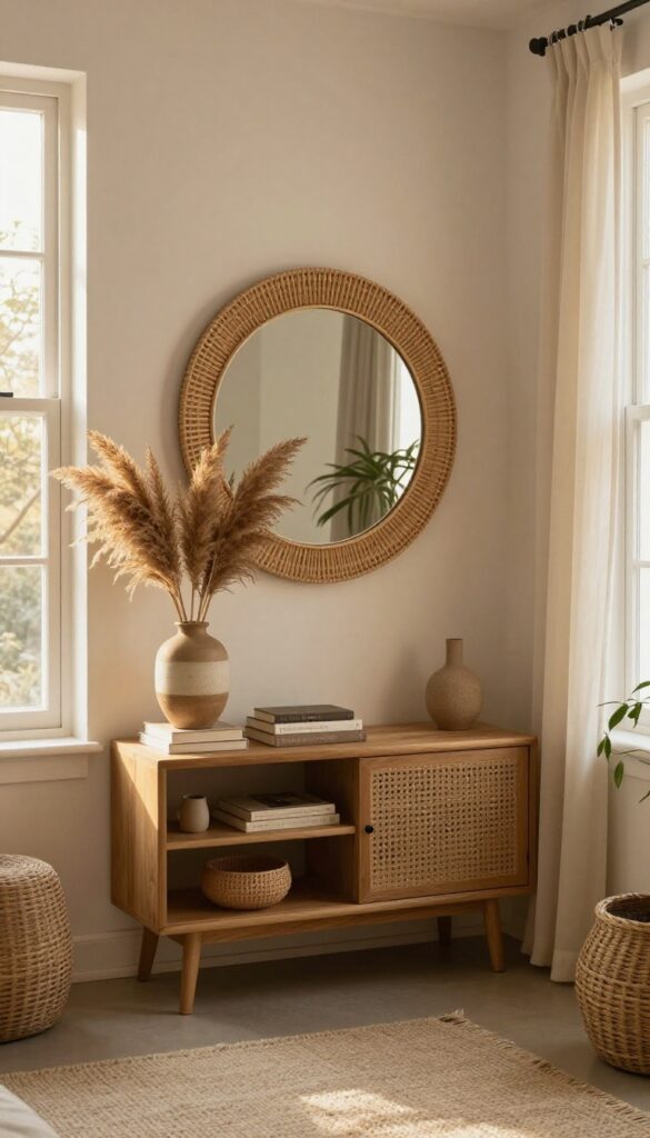 Round woven mirror hanging above console table in boho living room