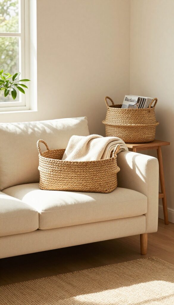 Cozy living room corner with woven baskets for storage, sofa, side table, and natural light