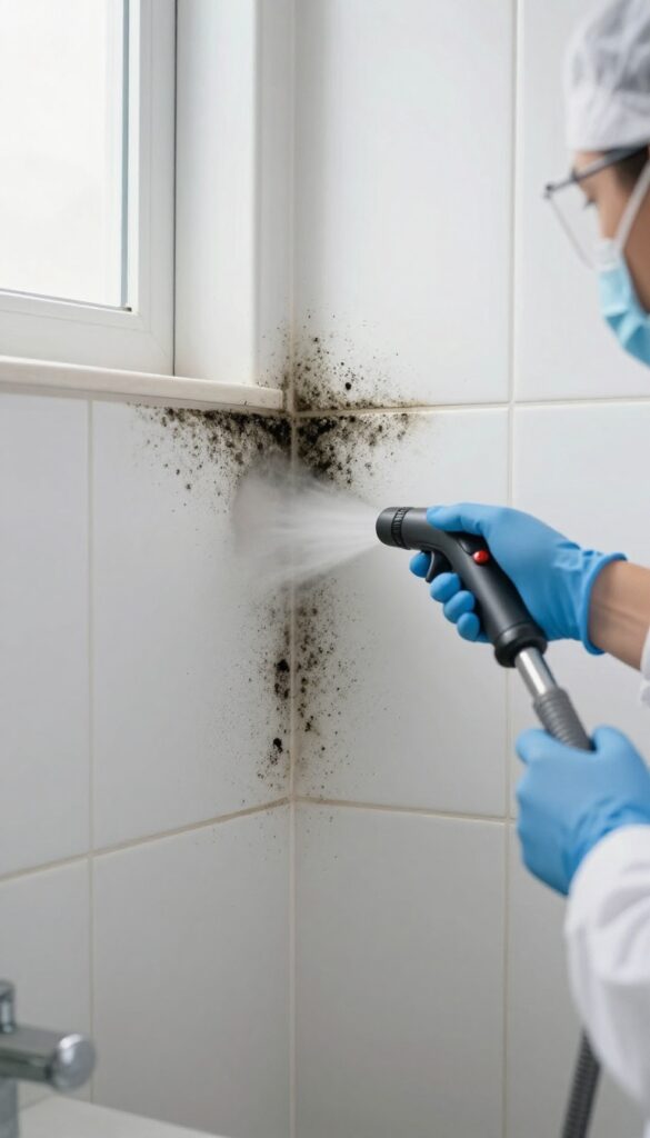 Professional cleaner using steam wand on moldy shower grout
