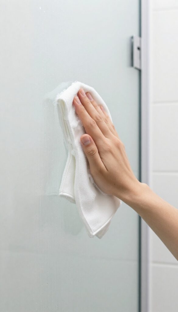 Cleaning glass shower doors with vinegar solution and microfiber cloth