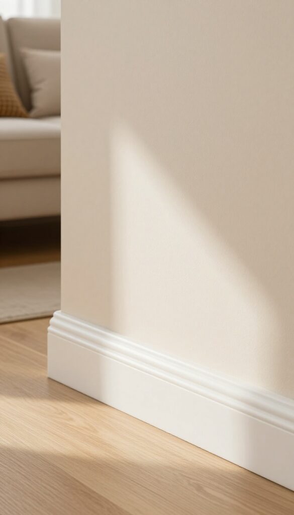 Close-up of a tall baseboard with a subtle lip detail, painted the same color as the wall, in a warm, cozy living room.