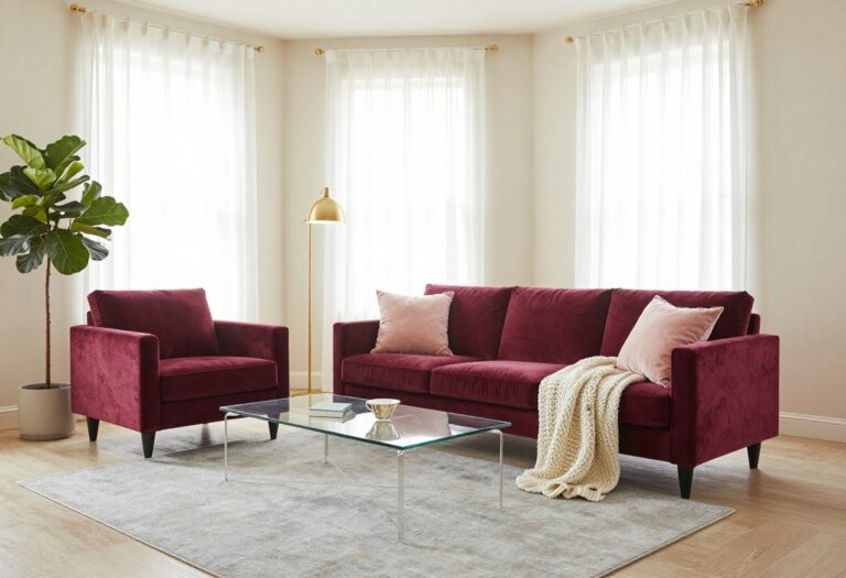 Bright living room with burgundy velvet sofa, cream walls, sheer curtains, and blush pink accents