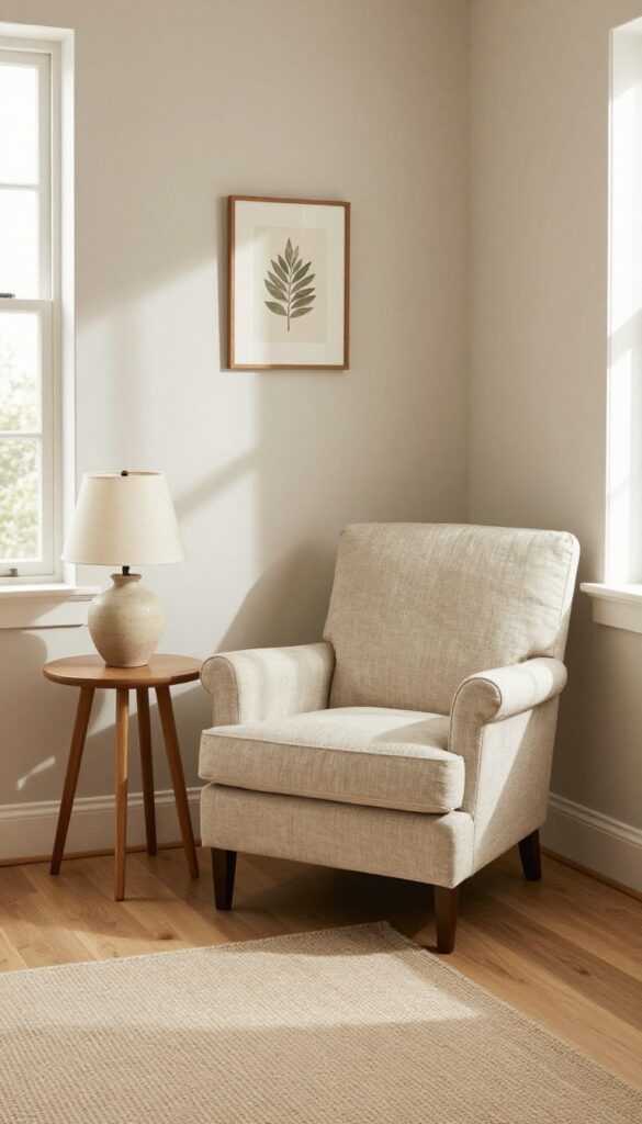 Wingback chair tucked into a corner with side table and lamp, small traditional living room
