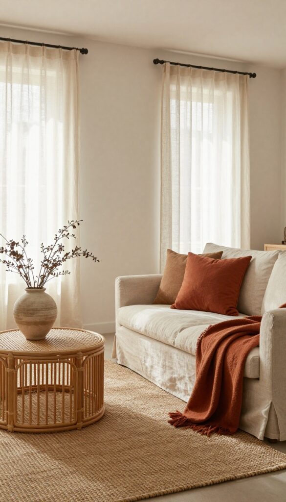 Small living room with terracotta accent chair, ivory walls, jute rug, and natural light