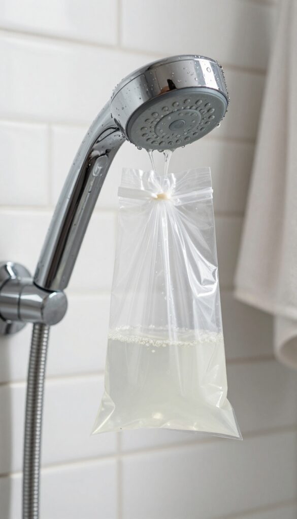 Shower head soaking in vinegar bag for cleaning
