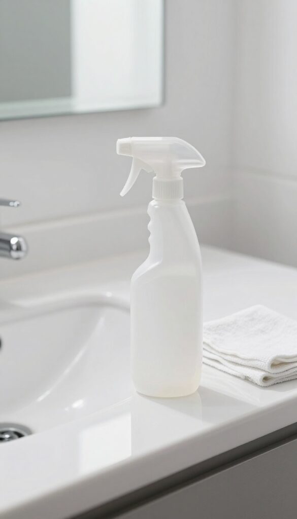 Clean bathroom countertop with all-purpose cleaner and microfiber cloth