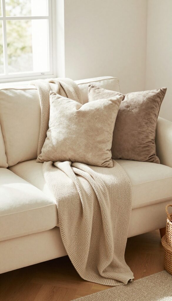 Cozy living room with chunky knit throw draped over sofa, textured pillows, warm natural light