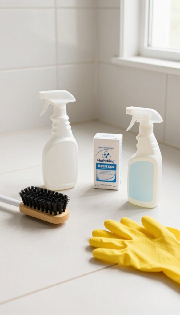 Cleaning supplies for grout: brush, spray bottle, baking soda, vinegar, gloves, and hydrogen peroxide on bathroom tile floor.