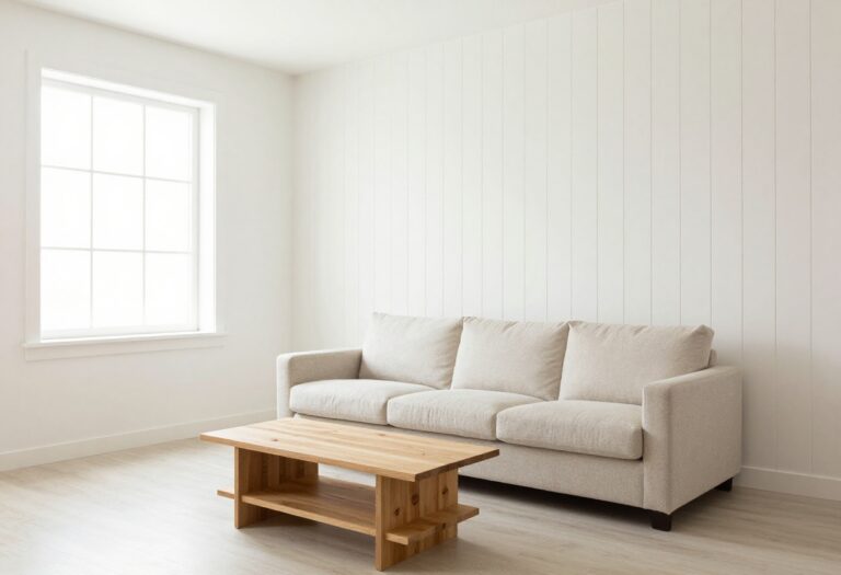 Bright living room with vertical shiplap accent wall and neutral decor
