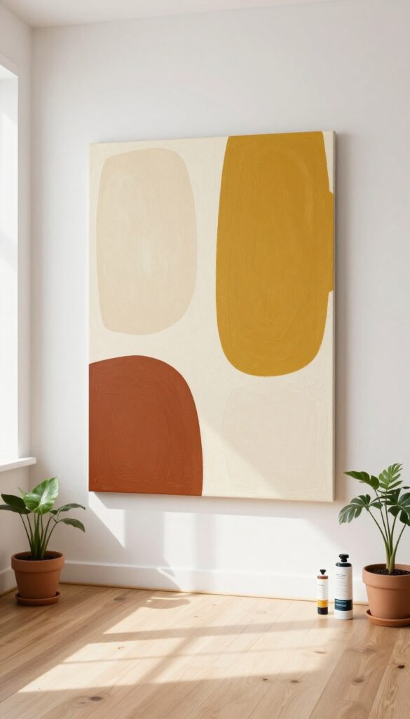 DIY abstract wall art in a bright living room with canvas on easel, paint supplies, and natural light