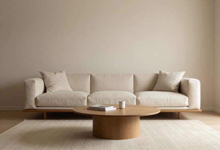 Cozy rectangular living room with floating sofa, round coffee table, and gallery wall
