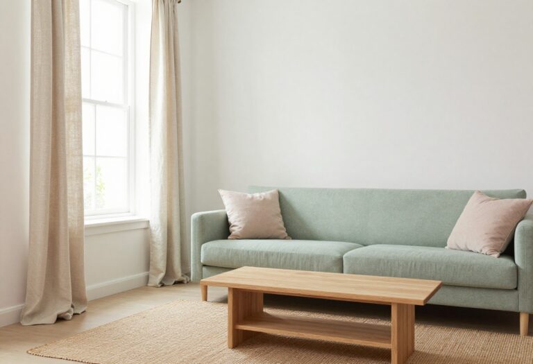 Small living room with soft layered colours including sage green sofa, cream curtains, and natural textures.