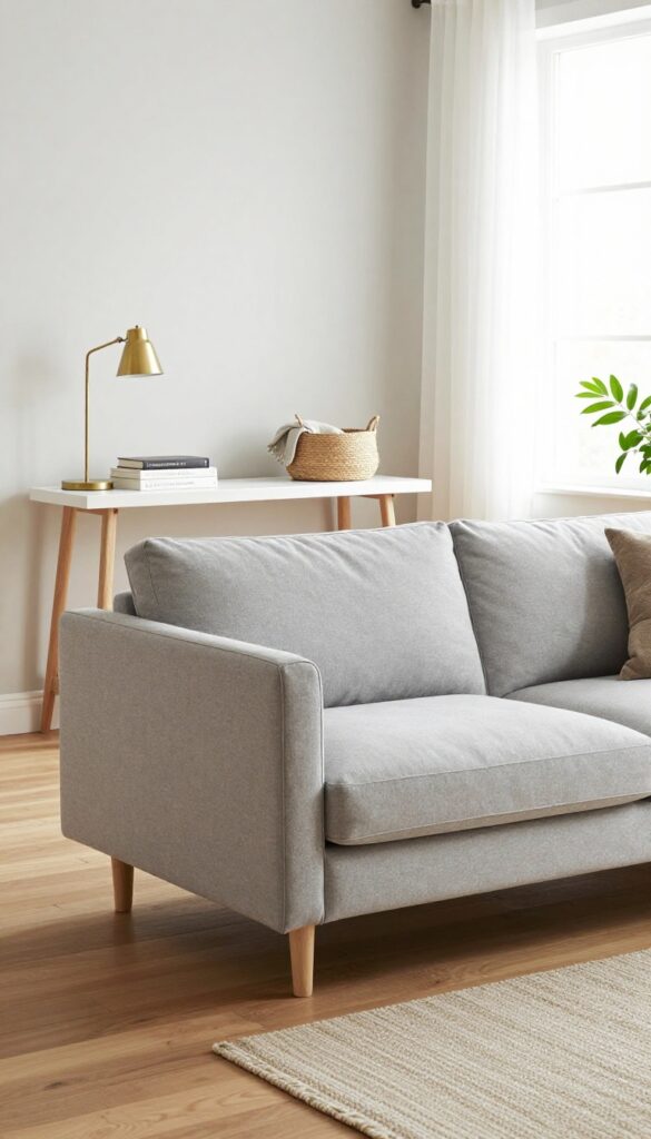 Small living room with sofa floating away from wall, behind it a slim white oak console table with lamps, books, and a woven basket, bright natural light, clean and airy.