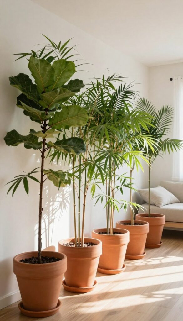 Tall planters with leafy indoor trees used as a room divider in a bright, small living space