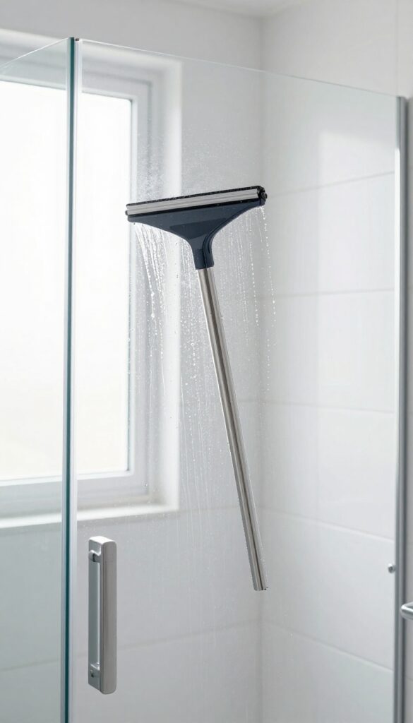 Using a squeegee on a glass shower door to prevent soap scum buildup