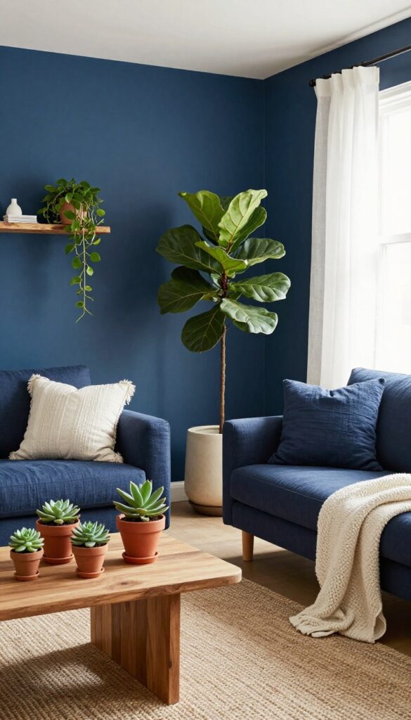 Blue living room with navy wall, sofa, and greenery like fiddle-leaf fig and pothos, styled with natural textures and soft light