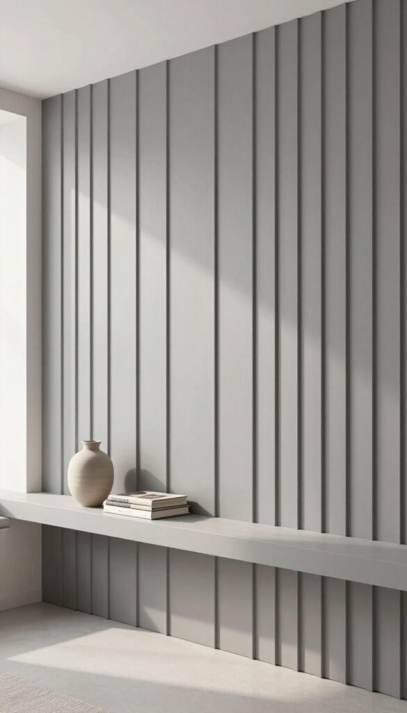 Plywood groove panels on a living room wall painted matte gray with a floating shelf and decor