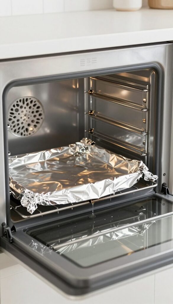 Aluminum foil lining the bottom of a clean oven to catch drips and spills