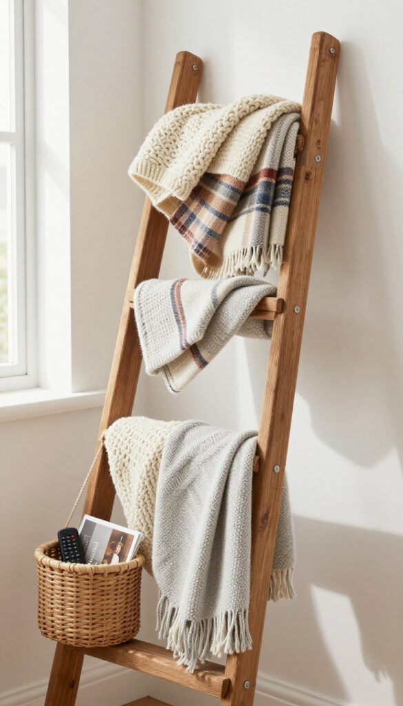 Decorative wooden ladder with draped throws and a small basket in a cozy living room corner