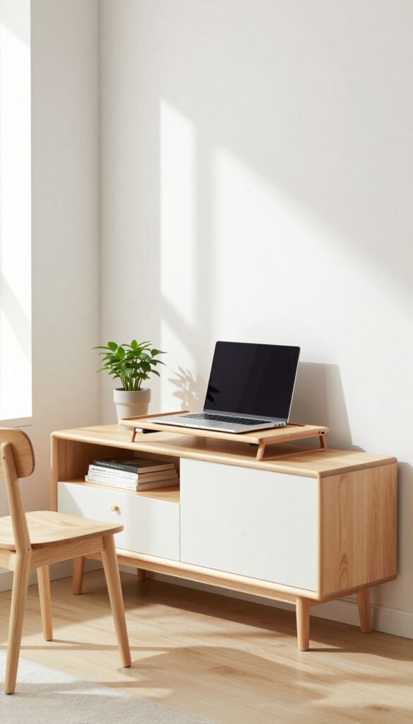 Small living room with a TV console featuring a pull-out tray for a laptop, creating a compact workspace.
