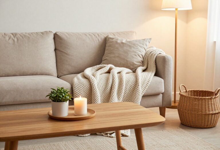 Cozy living room with chunky throw blanket, warm lighting, and natural textures