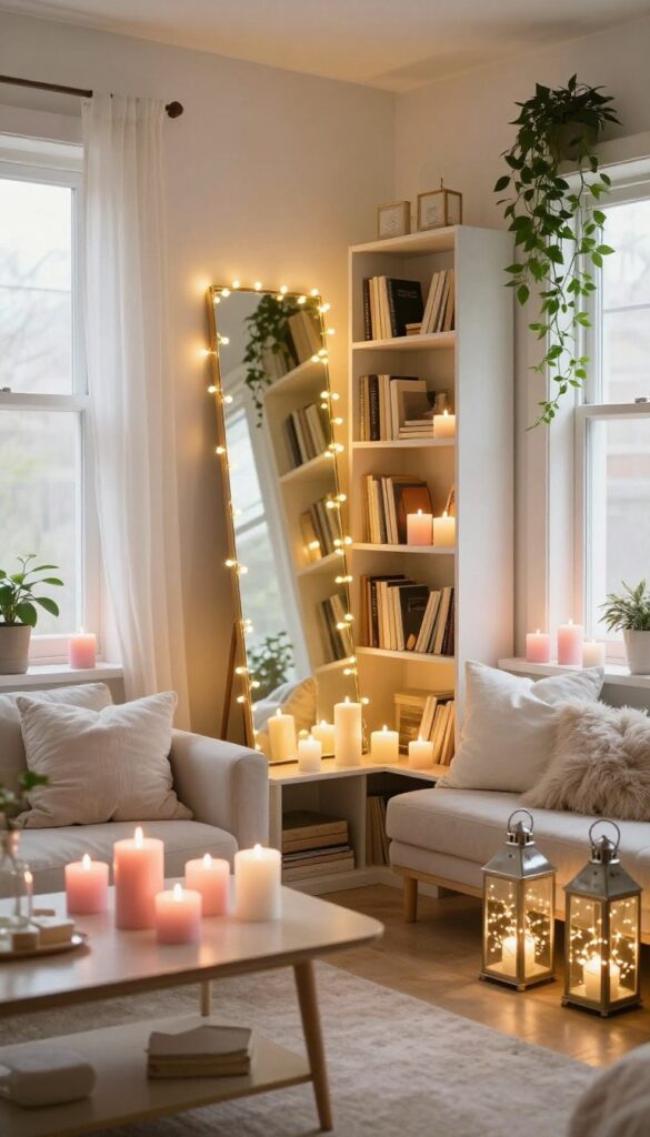 Cozy living room with fairy lights on mirror and bookshelf, candles in pink and white holders on coffee table and window sill, warm romantic glow.