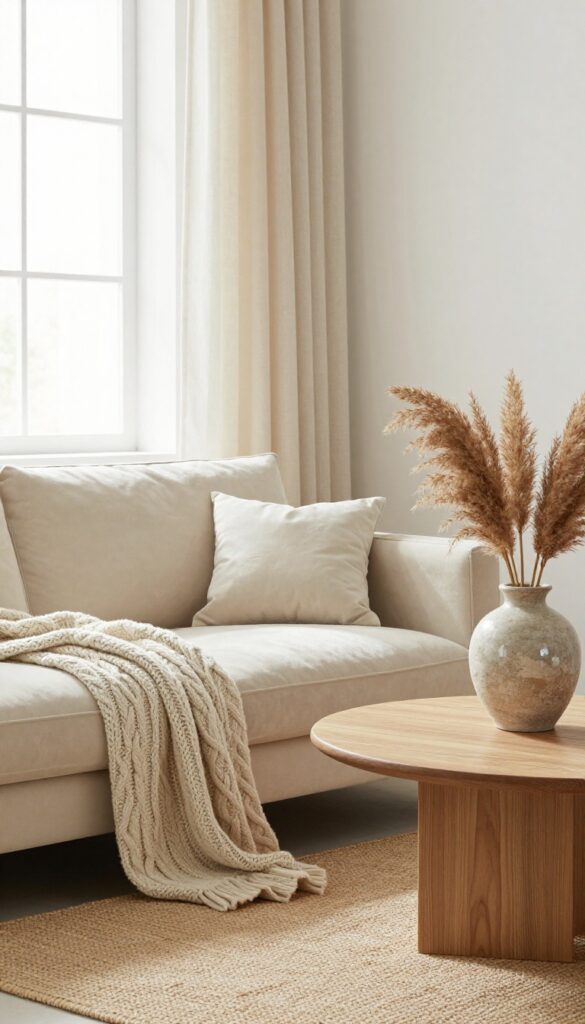Cream and beige living room with layered textures including velvet sofa, chunky knit throw, sisal rug, ceramic lamp, and stone vase.