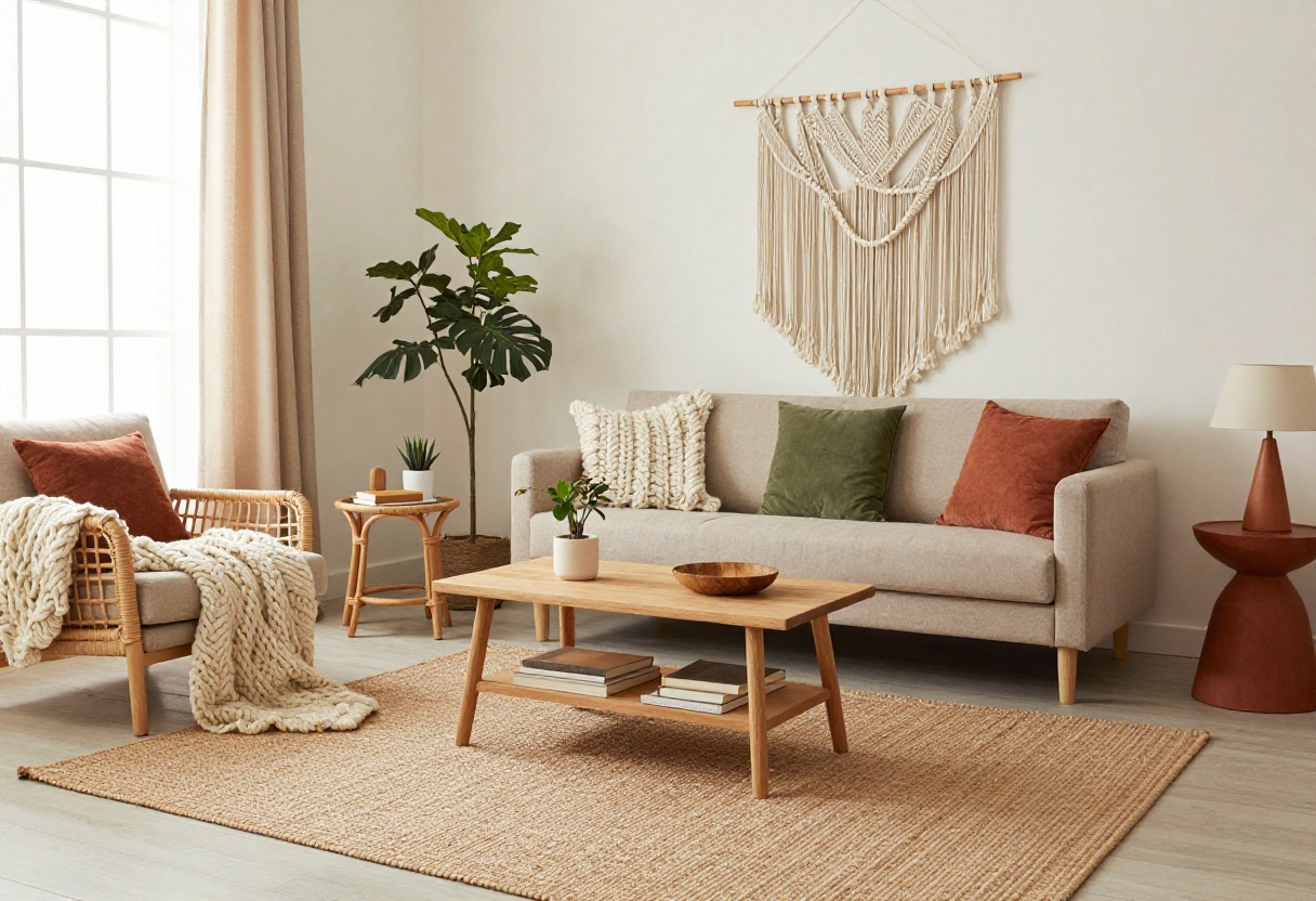 Warm boho living room with chunky knit throw, jute rug, rattan chair, and macrame wall art
