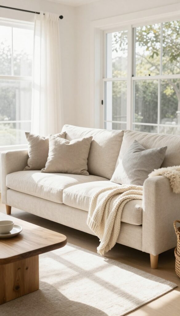 Modern living room with low-profile neutral sofa, textured throw pillows, and sculptural coffee table in natural light