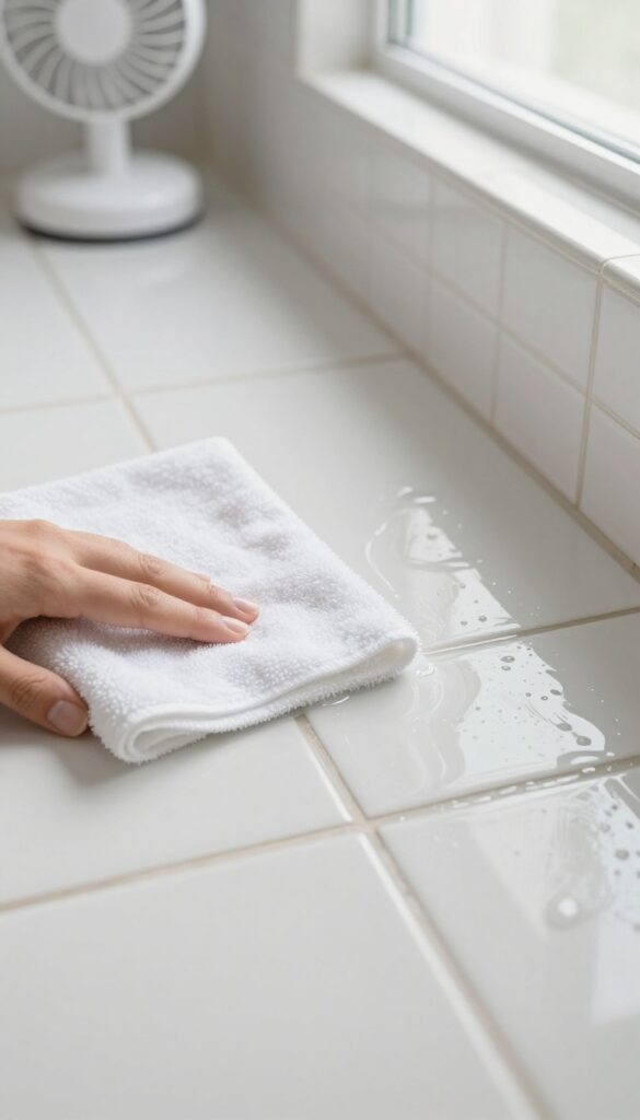Close-up of clean shower tile grout being dried with a towel and fan