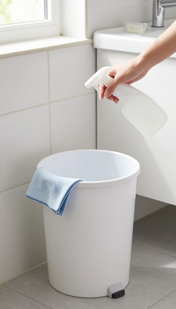 Person sanitizing a bathroom trash can with spray and brush