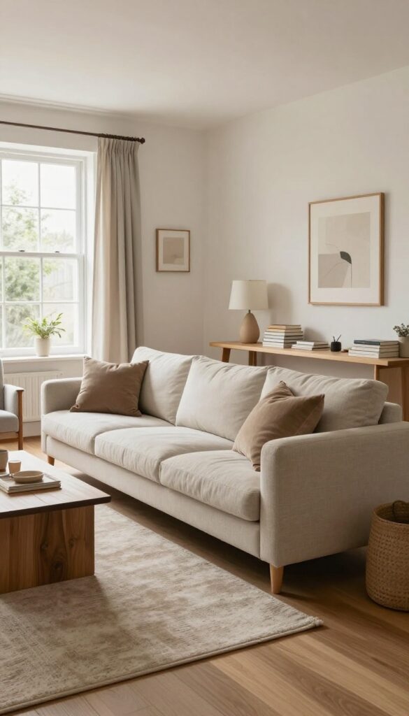 Rectangle living room with sofa divider creating two zones: seating area and home office nook.