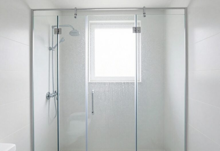 A sparkling clean shower with glass doors and white tiles