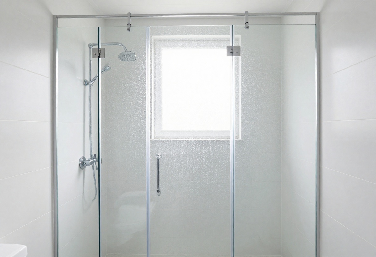 A sparkling clean shower with glass doors and white tiles