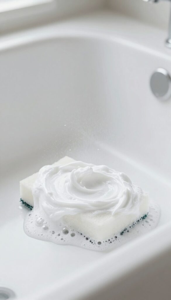 Baking soda and vinegar fizzing on a clean white bathtub surface with a sponge nearby