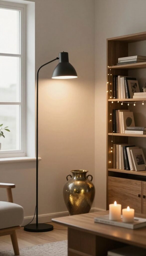 Cozy living room with layered lighting from floor lamp, table lamp, string lights, and candles, budget-friendly decor