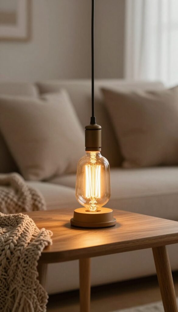 Close-up of a glowing warm LED filament bulb in a pendant light, casting amber light on a wooden table with a woven throw in a cozy living room corner