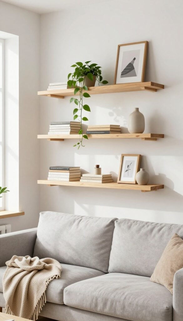 Birch wood floating shelves above a sofa in a bright living room with plants and books