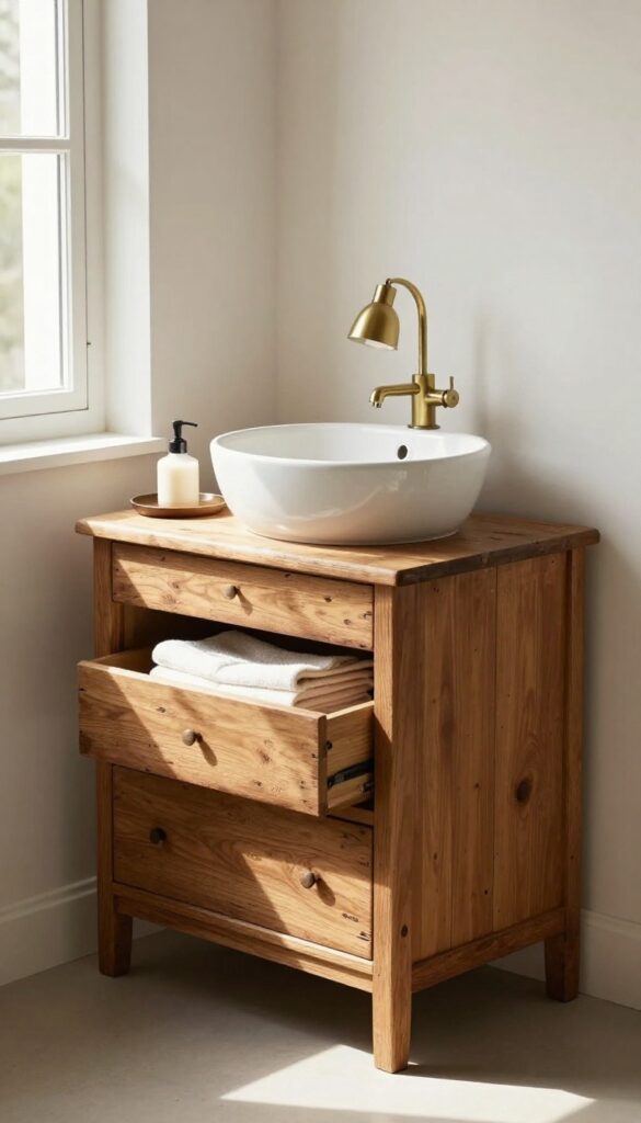 Repurposed wooden dresser with white vessel sink and small lamp in cozy living room